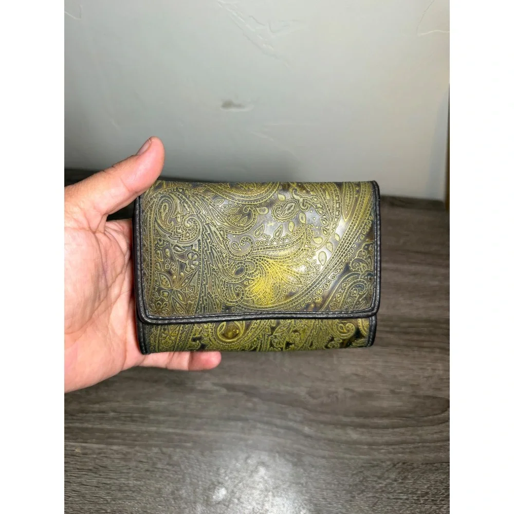 Trifold Wallet Embossed Paisley Distressed Olive Green Yellow OS